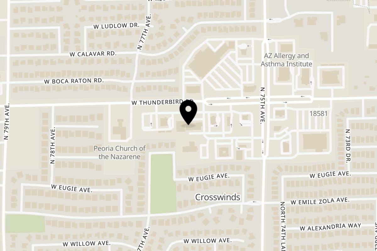 Map showing the location of Ballpark Pizza & Subs on 7615 W Thunderbird Rd Ste 101 in Peoria